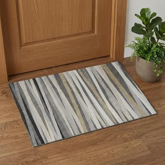Gray Silver And Beige Striped Washable Area Rug With UV Protection Photo 1