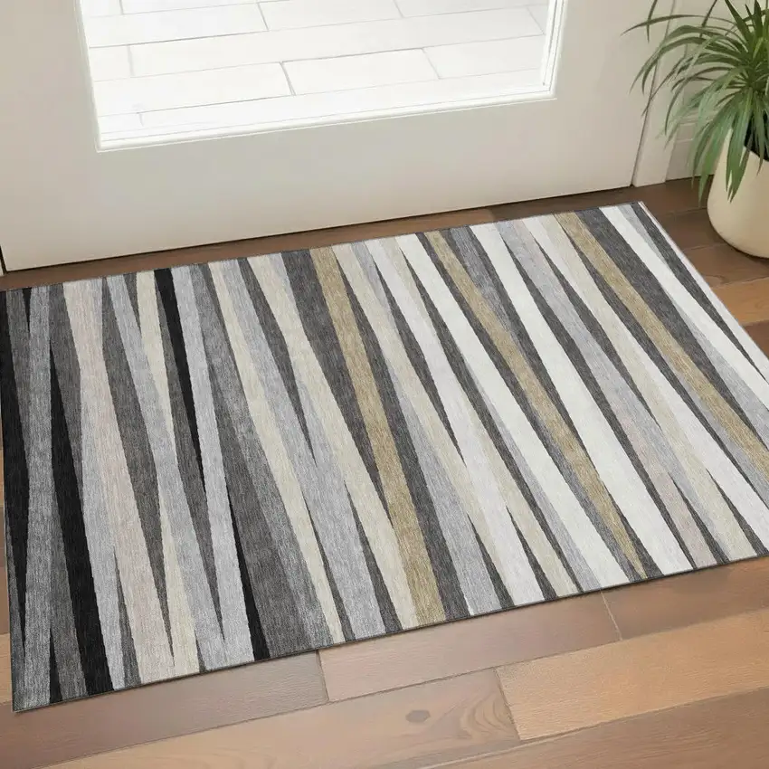 Gray Silver And Beige Striped Washable Area Rug With UV Protection Photo 1