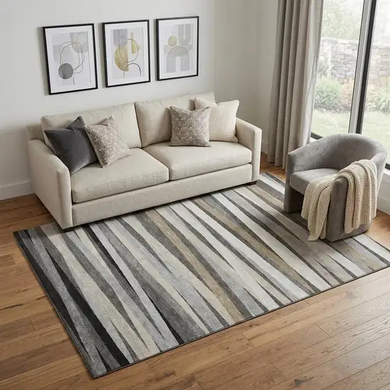 Gray Silver And Beige Striped Washable Area Rug With UV Protection Photo 1