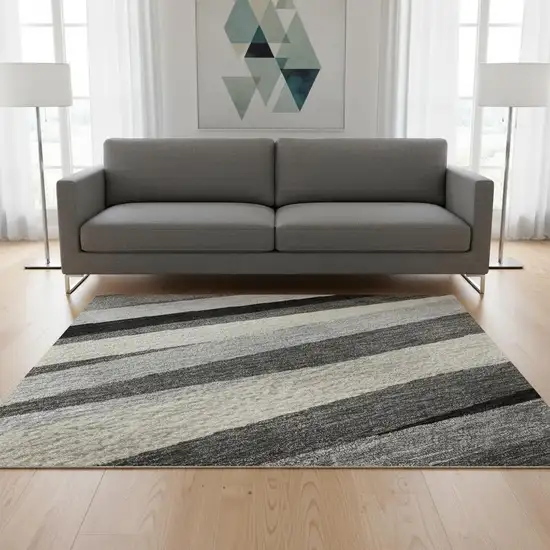 Gray Silver And Beige Striped Washable Area Rug With UV Protection Photo 2