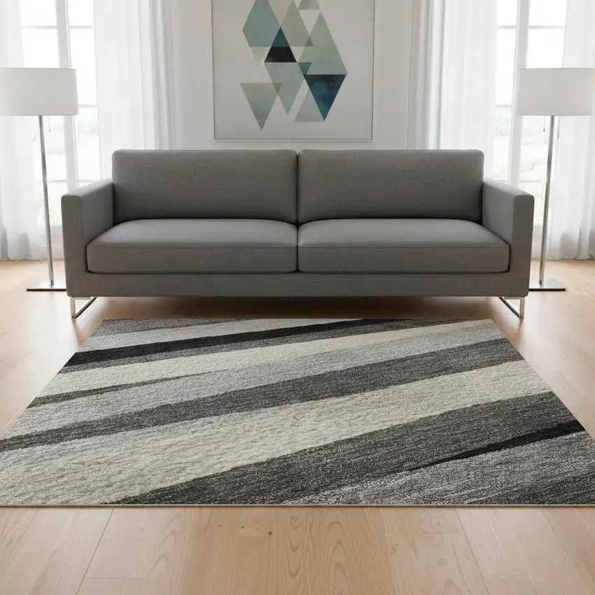 Gray Silver And Beige Striped Washable Area Rug With UV Protection Photo 2