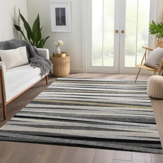 Gray Silver And Beige Striped Washable Area Rug With UV Protection Photo 3