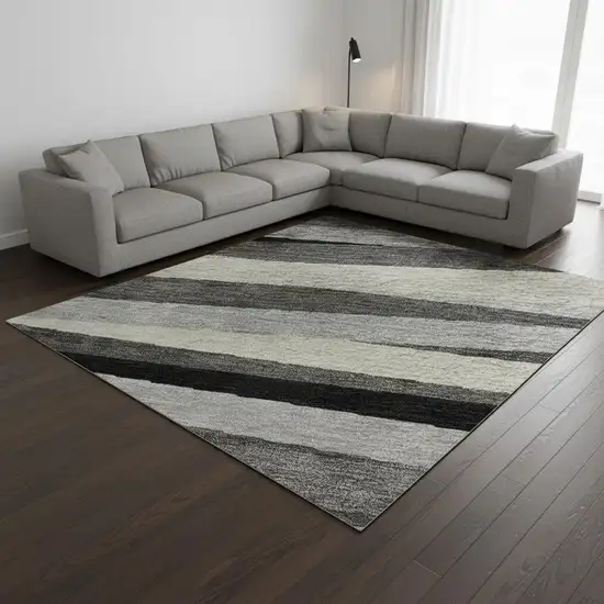 Gray Silver And Beige Striped Washable Area Rug With UV Protection Photo 2