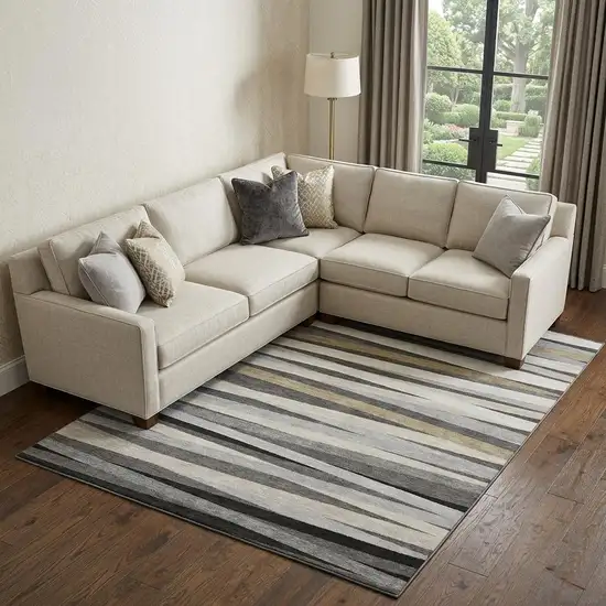 Gray Silver And Beige Striped Washable Area Rug With UV Protection Photo 1