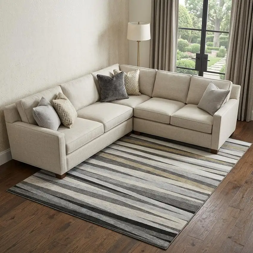 Gray Silver And Beige Striped Washable Area Rug With UV Protection Photo 1