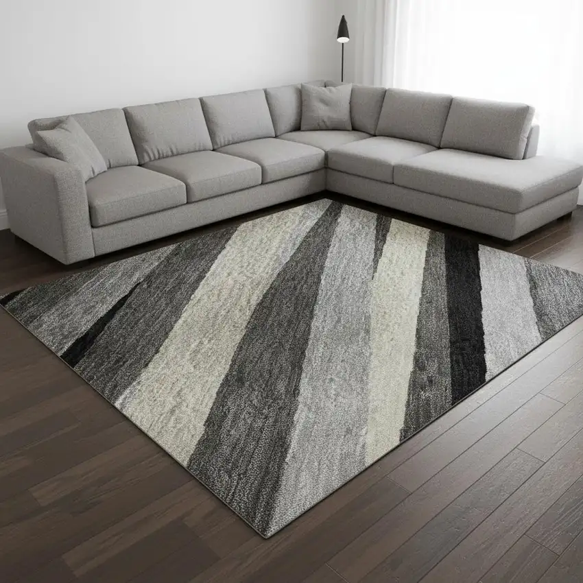 Gray Silver And Beige Striped Washable Area Rug With UV Protection Photo 2