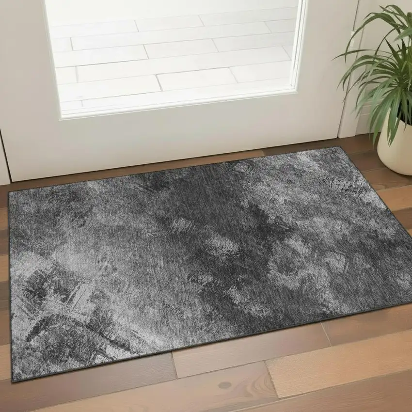 Gray Silver And Black Abstract Washable Area Rug With UV Protection Photo 1