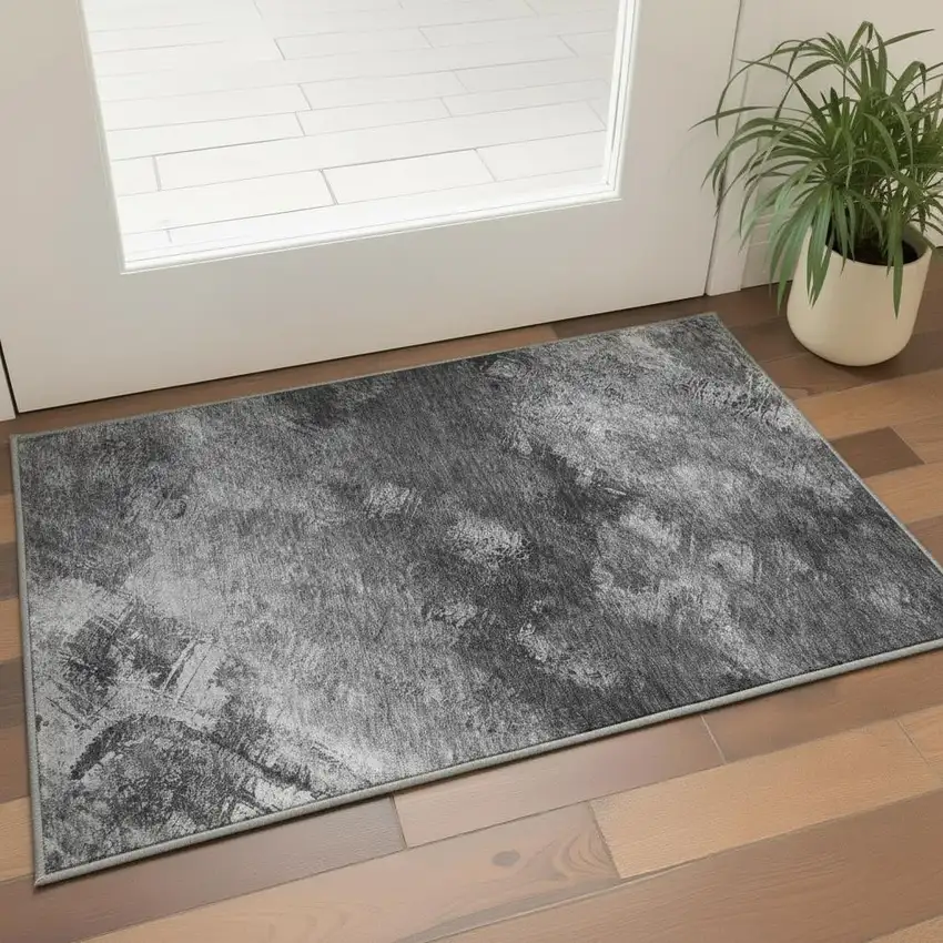 Gray Silver And Black Abstract Washable Area Rug With UV Protection Photo 1