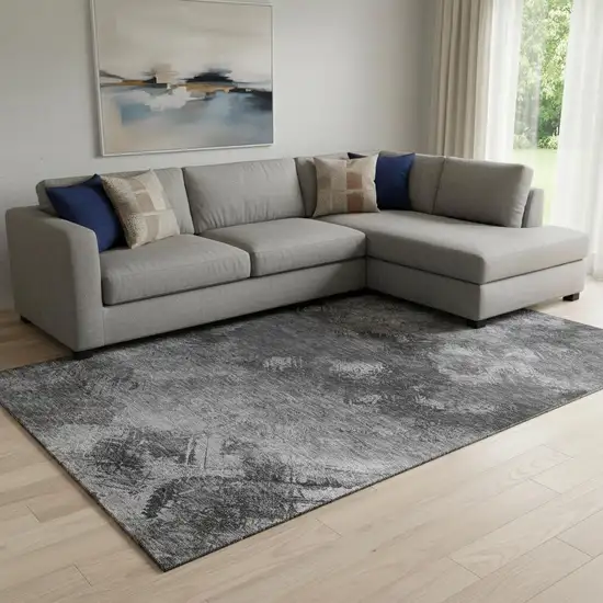 Gray Silver And Black Abstract Washable Area Rug With UV Protection Photo 1