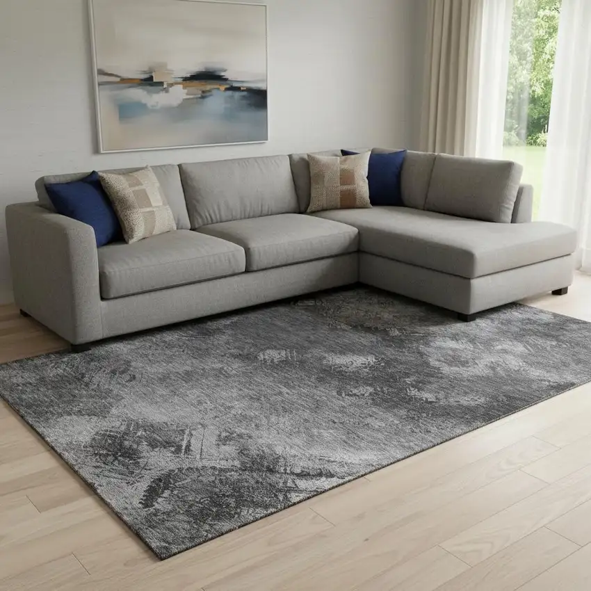 Gray Silver And Black Abstract Washable Area Rug With UV Protection Photo 1