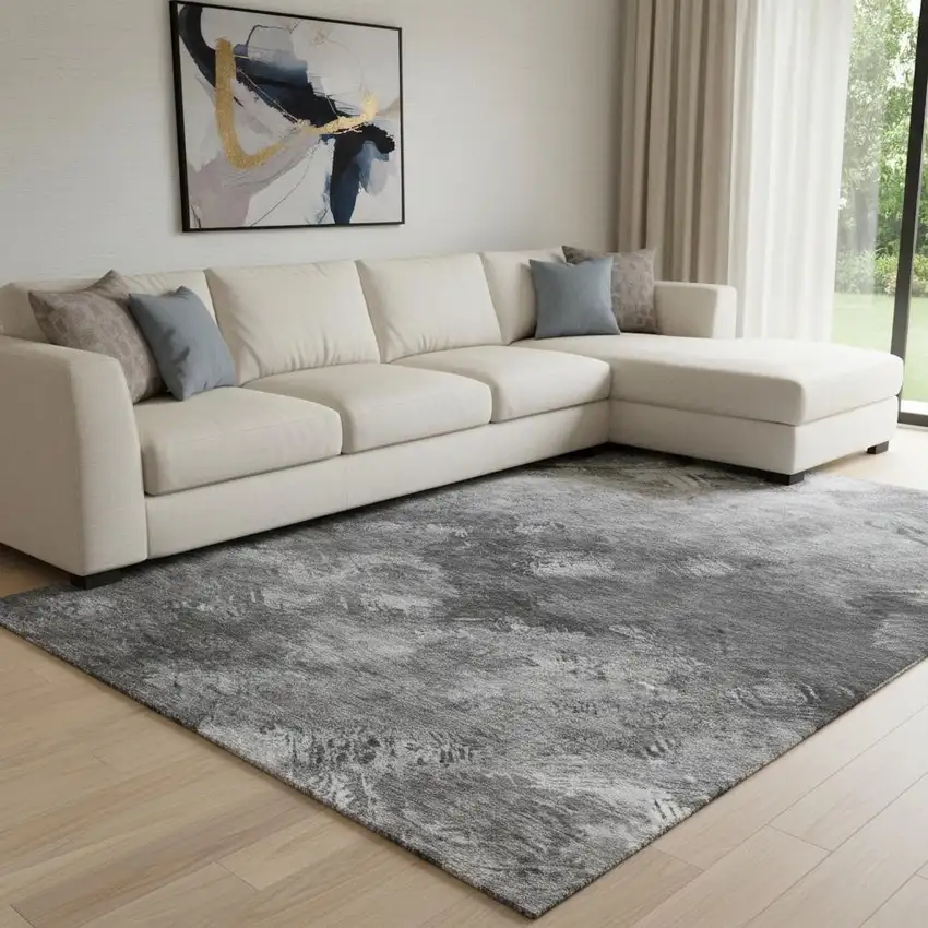 Gray Silver And Black Abstract Washable Area Rug With UV Protection Photo 1