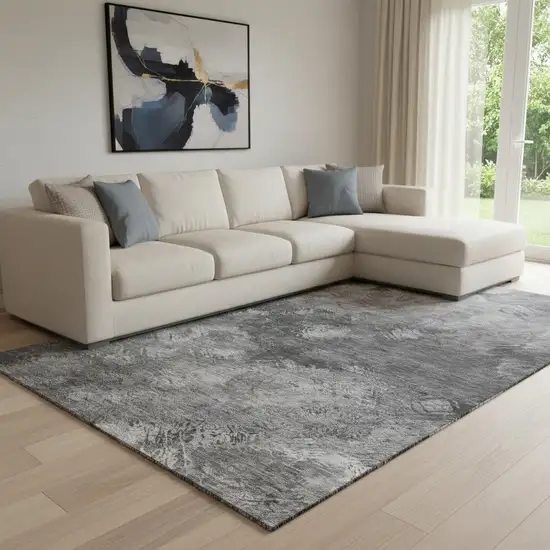 Gray Silver And Black Abstract Washable Area Rug With UV Protection Photo 1