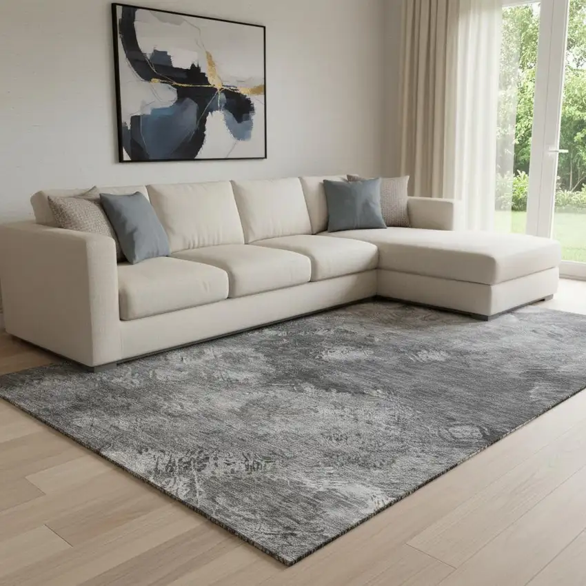 Gray Silver And Black Abstract Washable Area Rug With UV Protection Photo 1