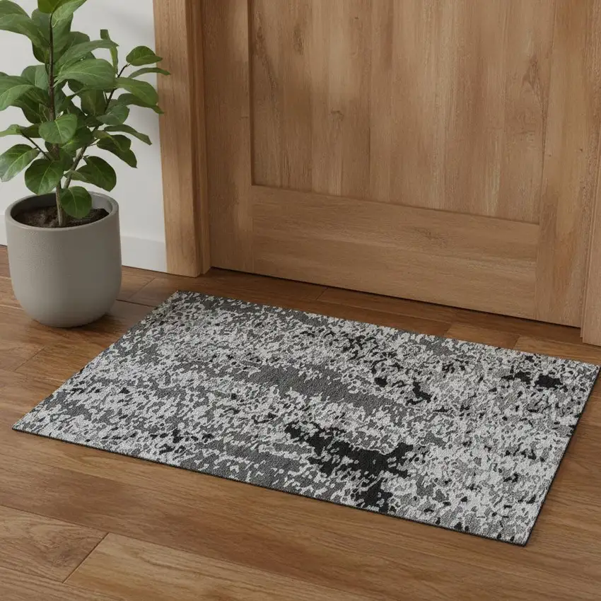 Gray Silver And Black Abstract Washable Area Rug With UV Protection Photo 1
