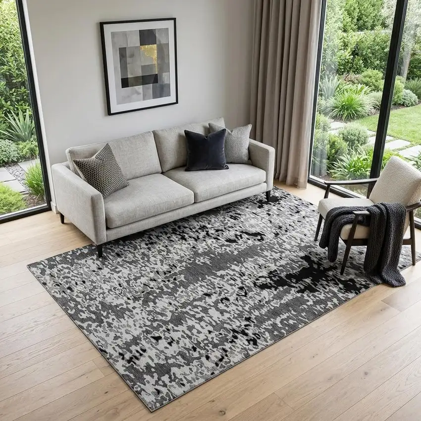 Gray Silver And Black Abstract Washable Area Rug With UV Protection Photo 1