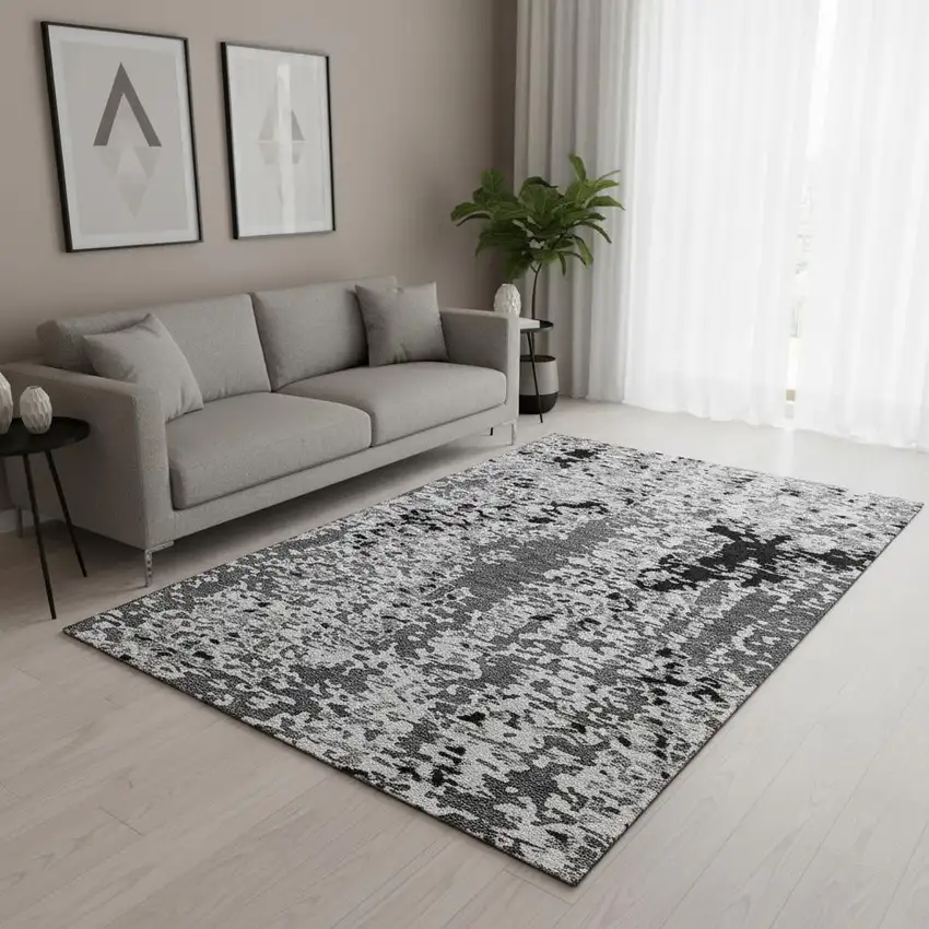 Gray Silver And Black Abstract Washable Area Rug With UV Protection Photo 2