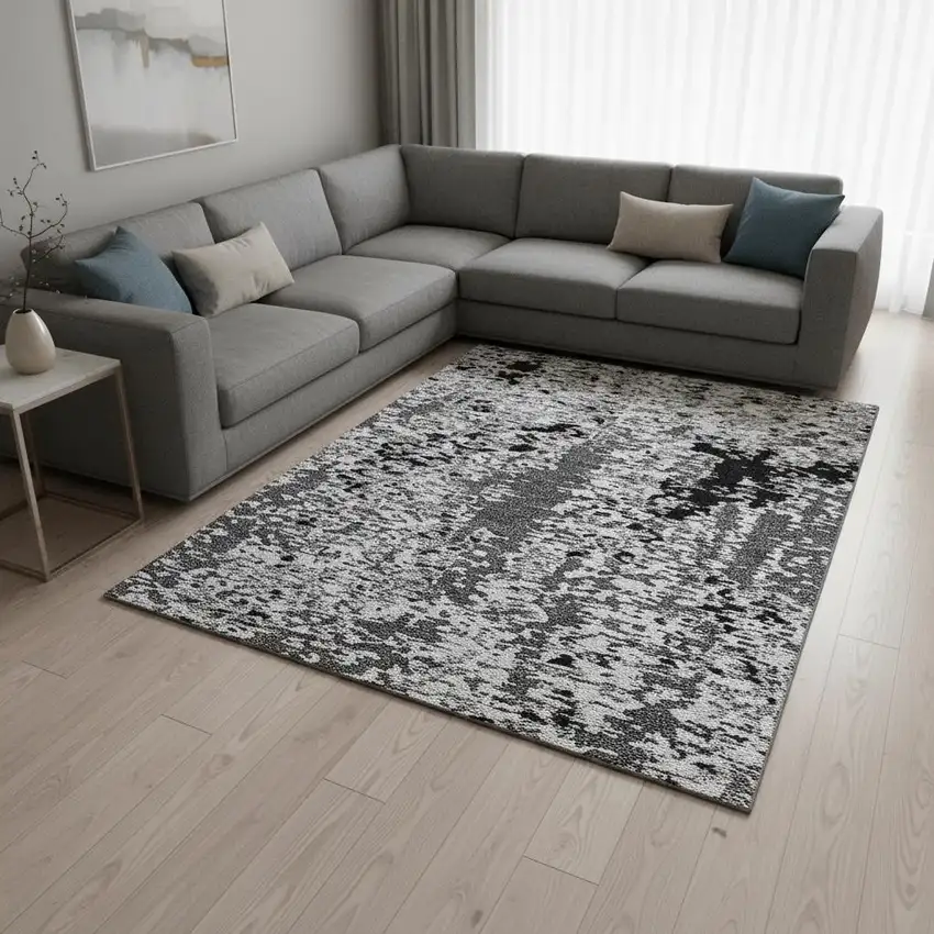 Gray Silver And Black Abstract Washable Area Rug With UV Protection Photo 2