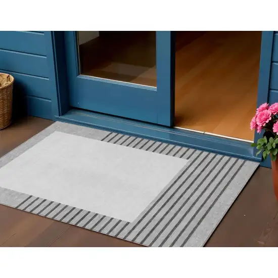 Gray Silver And Black Striped Washable Indoor Outdoor Area Rug Photo 1