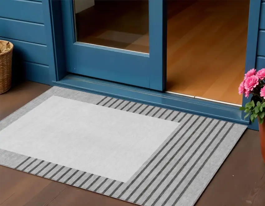 Gray Silver And Black Striped Washable Indoor Outdoor Area Rug Photo 1