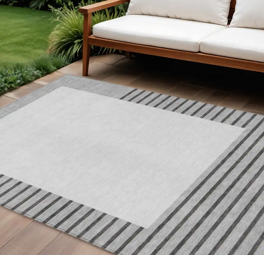 Gray Silver And Black Striped Washable Indoor Outdoor Area Rug Photo 1
