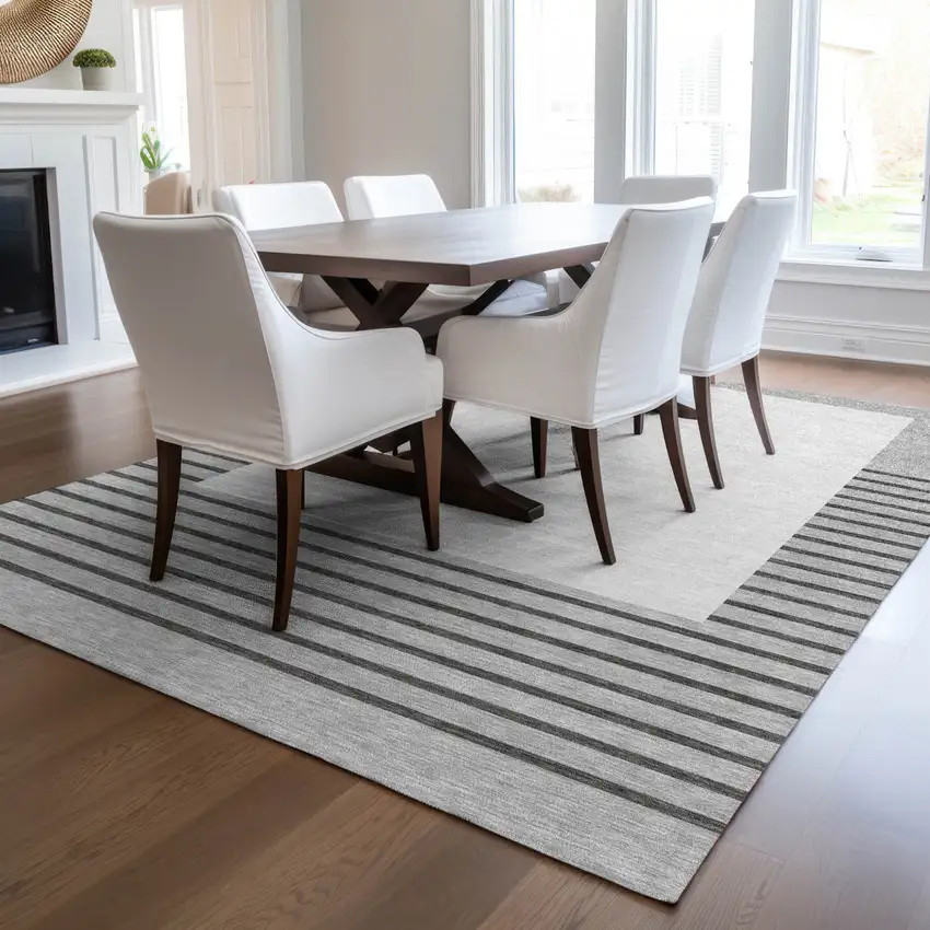 Gray Silver And Black Striped Washable Indoor Outdoor Area Rug Photo 9