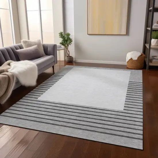 Gray Silver And Black Striped Washable Indoor Outdoor Area Rug Photo 8