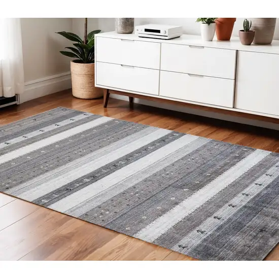 Gray Silver And Black Wool Striped Hand Knotted Stain Resistant Area Rug Photo 1