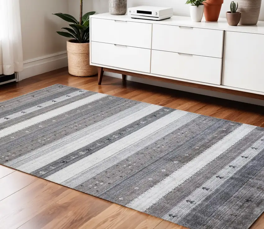 Gray Silver And Black Wool Striped Hand Knotted Stain Resistant Area Rug Photo 1