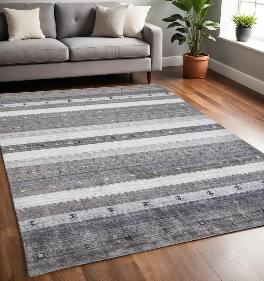 Gray and Ivory Wool Striped Hand Knotted Area Rug Photo 1