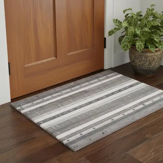 Gray Silver And Black Wool Striped Hand Knotted Stain Resistant Area Rug Photo 1