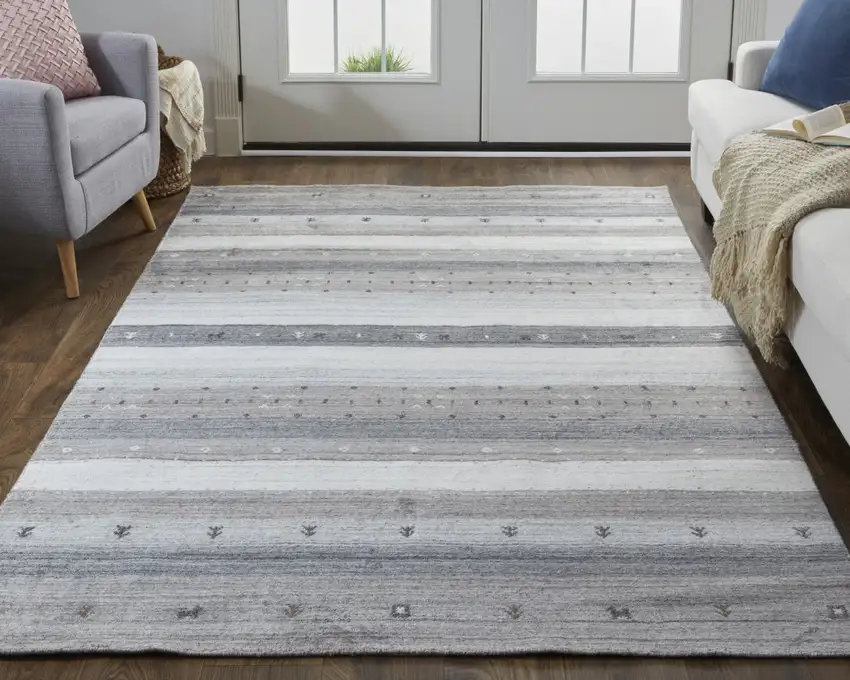 Gray Silver And Black Wool Striped Hand Knotted Stain Resistant Area Rug Photo 6