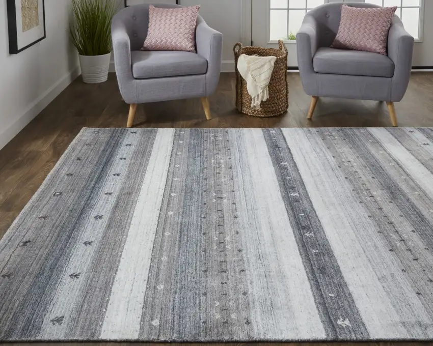 Gray Silver And Black Wool Striped Hand Knotted Stain Resistant Area Rug Photo 7