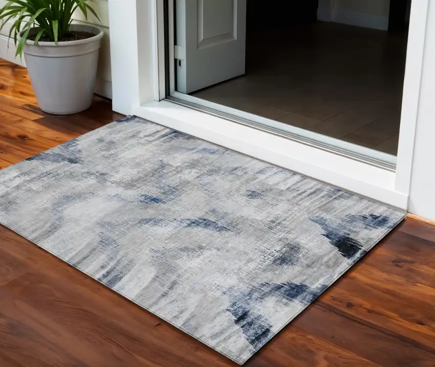 Gray Silver And Blue Abstract Washable Indoor Outdoor Area Rug Photo 1