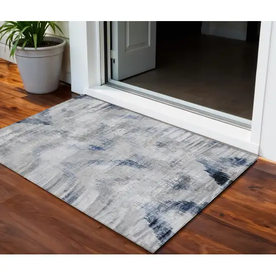 Gray Silver And Blue Abstract Washable Indoor Outdoor Area Rug Photo 1