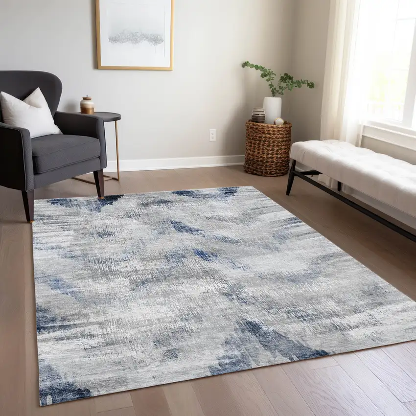 Gray Silver And Blue Abstract Washable Indoor Outdoor Area Rug Photo 8
