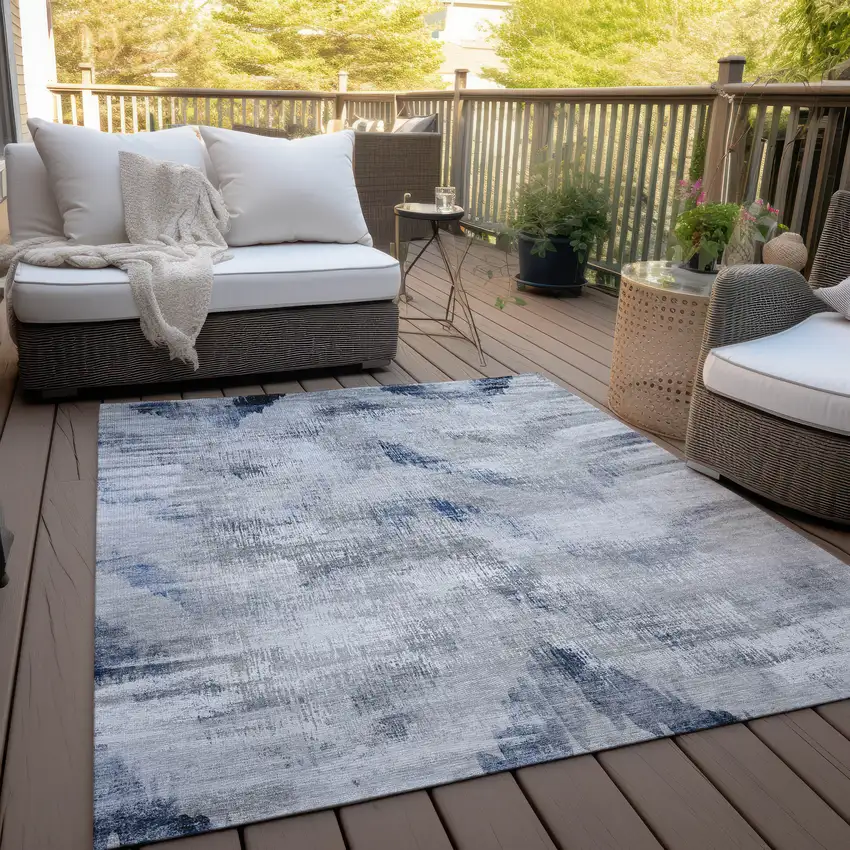 Gray Silver And Blue Abstract Washable Indoor Outdoor Area Rug Photo 6
