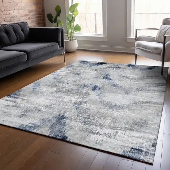 Gray Silver And Blue Abstract Washable Indoor Outdoor Area Rug Photo 7