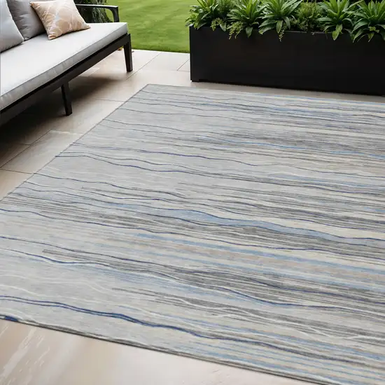 Gray Silver And Blue Striped Washable Indoor Outdoor Area Rug Photo 1