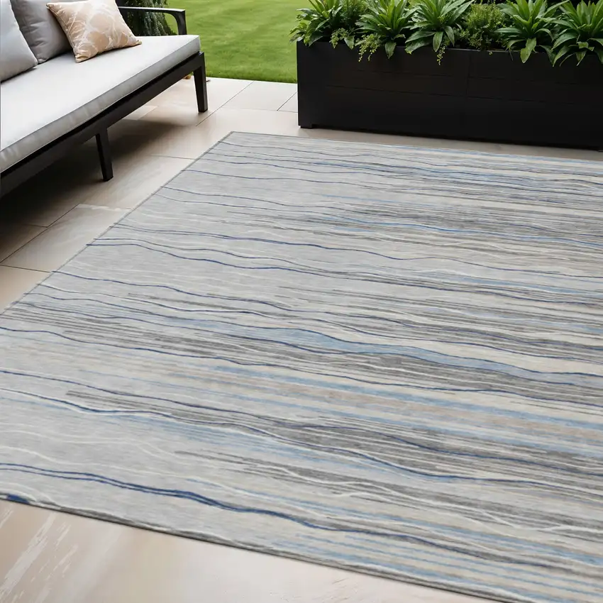 Gray Silver And Blue Striped Washable Indoor Outdoor Area Rug Photo 1