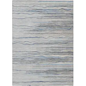 Photo of Gray Silver And Blue Striped Washable Indoor Outdoor Area Rug