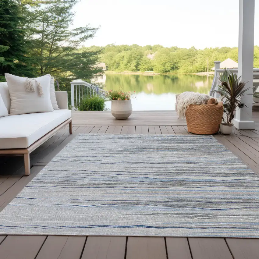 Gray Silver And Blue Striped Washable Indoor Outdoor Area Rug Photo 9