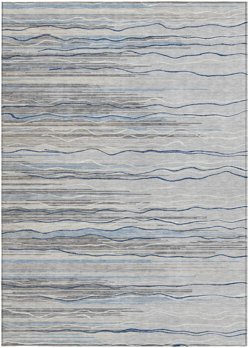 Gray Silver And Blue Striped Washable Indoor Outdoor Area Rug Photo 6