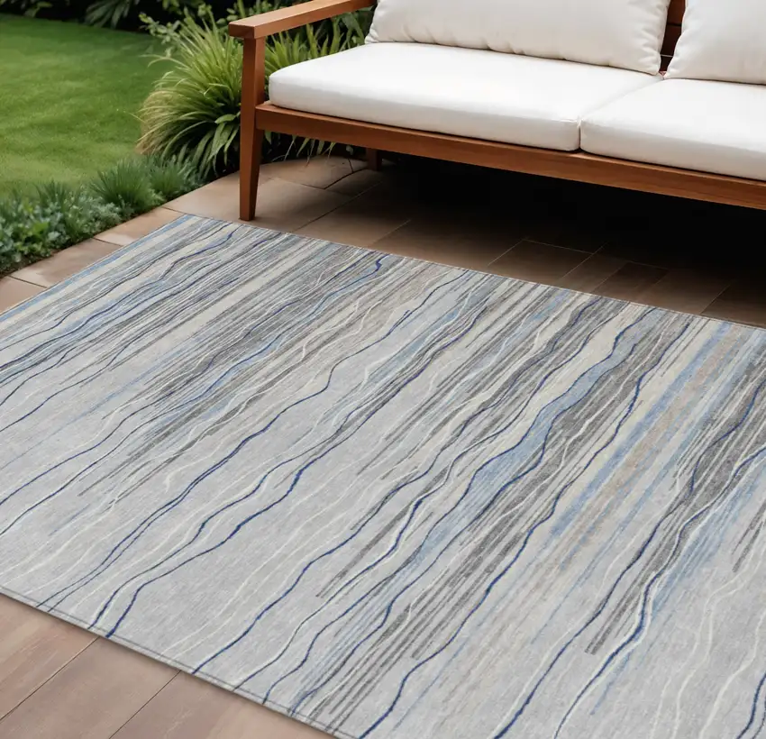 Gray Silver And Blue Striped Washable Indoor Outdoor Area Rug Photo 1