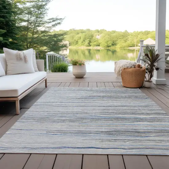 Gray Silver And Blue Striped Washable Indoor Outdoor Area Rug Photo 9
