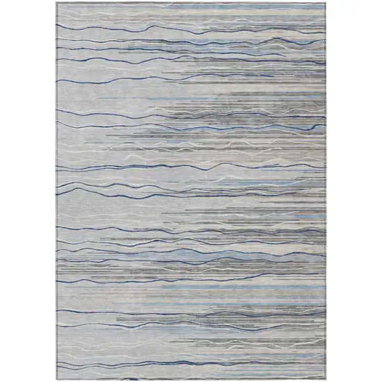 Gray Silver And Blue Striped Washable Indoor Outdoor Area Rug Photo 2