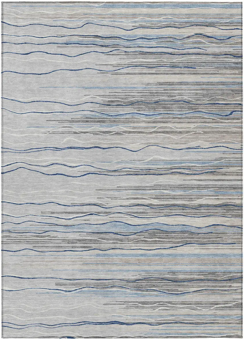 Gray Silver And Blue Striped Washable Indoor Outdoor Area Rug Photo 2