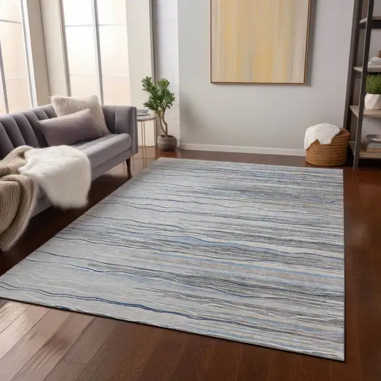 Gray Silver And Blue Striped Washable Indoor Outdoor Area Rug Photo 8