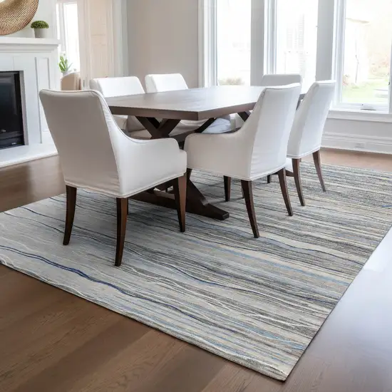 Gray Silver And Blue Striped Washable Indoor Outdoor Area Rug Photo 9