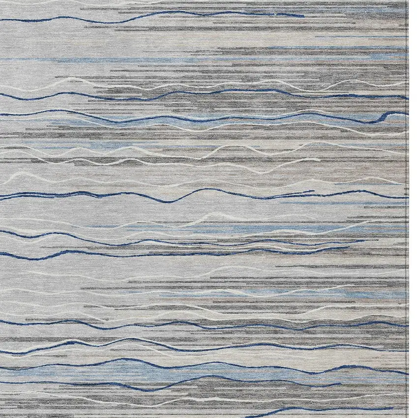 Gray Silver And Blue Striped Washable Indoor Outdoor Area Rug Photo 5