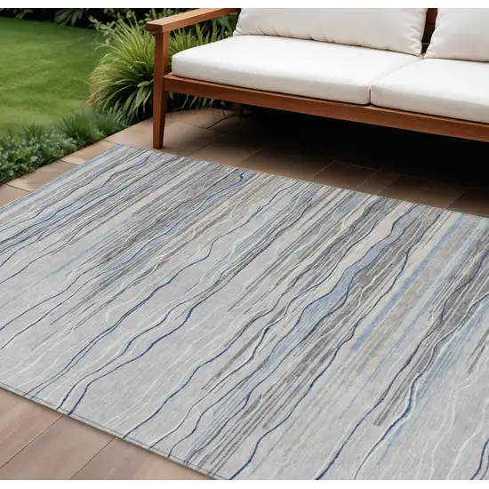 Gray Silver And Blue Striped Washable Indoor Outdoor Area Rug Photo 1